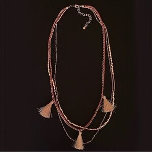 Tasseled Tassel Beaded Statement Multi Layer Boho Necklace in Rose Gold